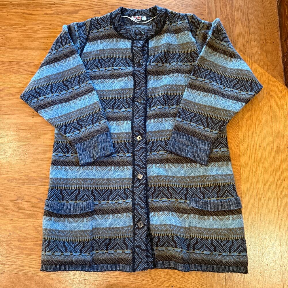 VTG Rodier Paris 100% Pure Wool Cardigan Sweater Made in France Blue Pattern L/M